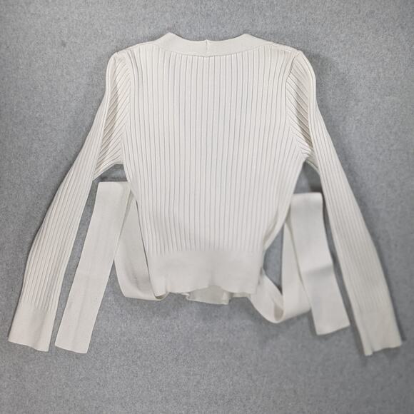 BTFBM Wrap V-Neck Cropped Sweater White Ribbed Knit Long Sleeve Women’s L - Picture 8 of 16
